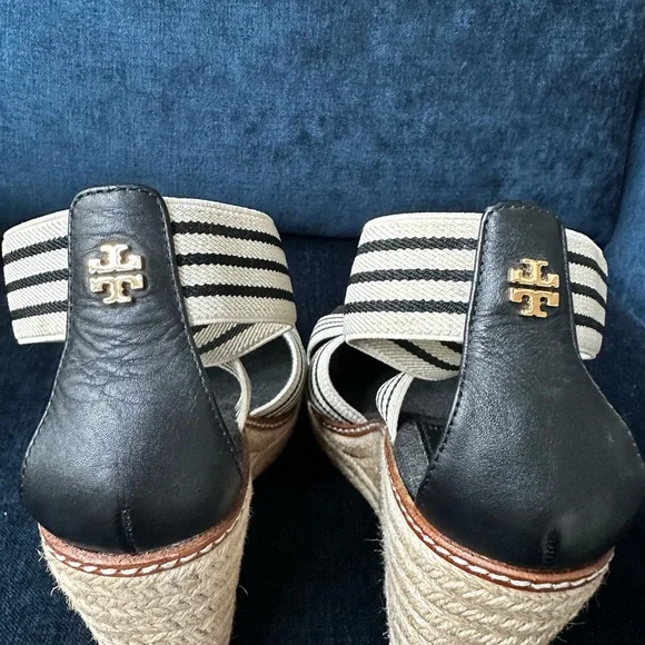 Tory Burch Black and White Wedge Espadrille Shoes - Picture 5 of 10
